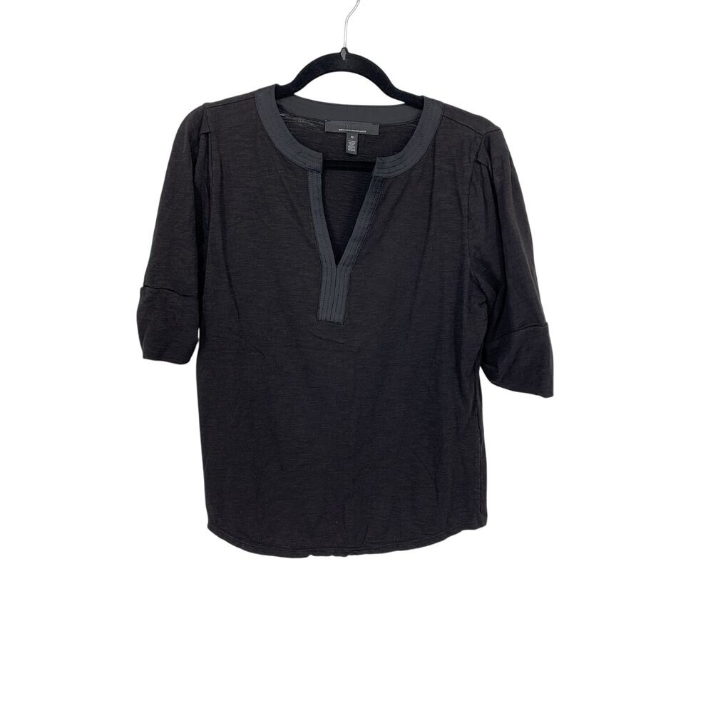White House Black Market Top Womens Medium Black Slub Split Neck Contrast Trim